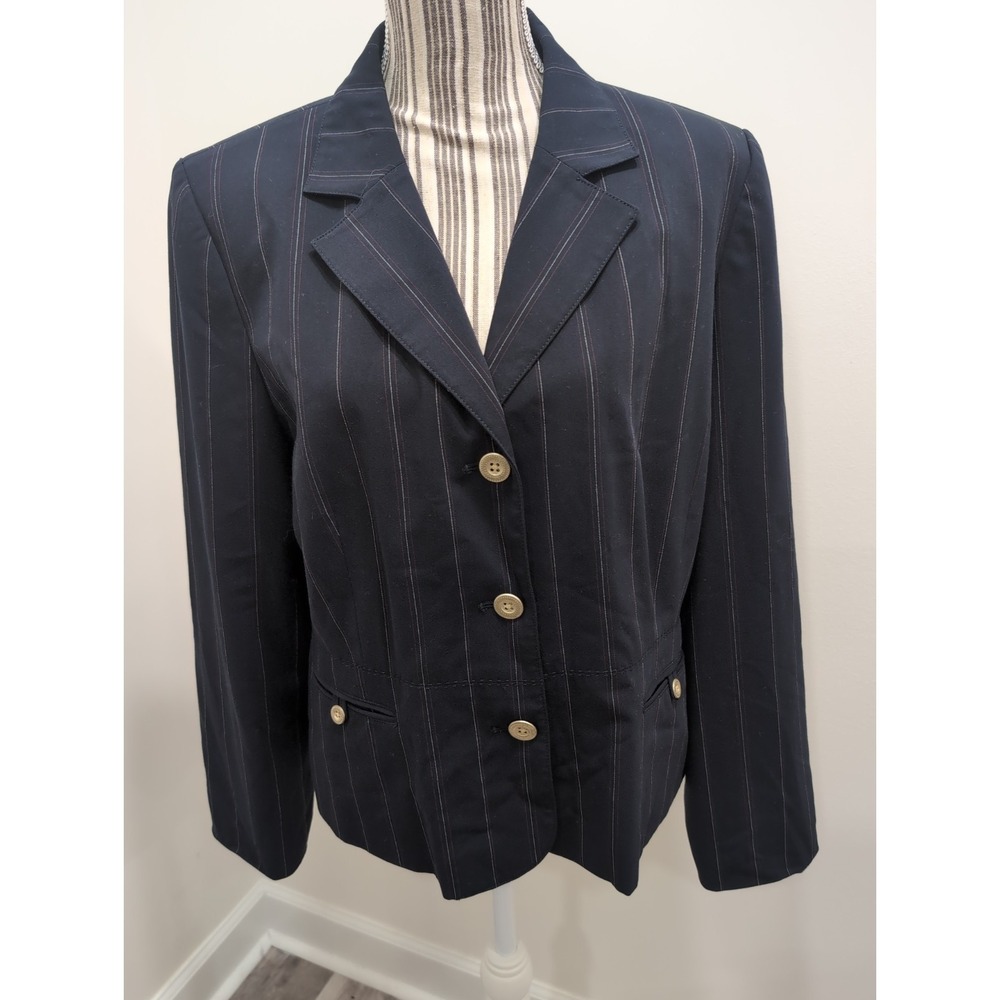 Vintage Emma James Women's Navy Blue White and Red Pinstripe Blazer Sz 16 Preppy